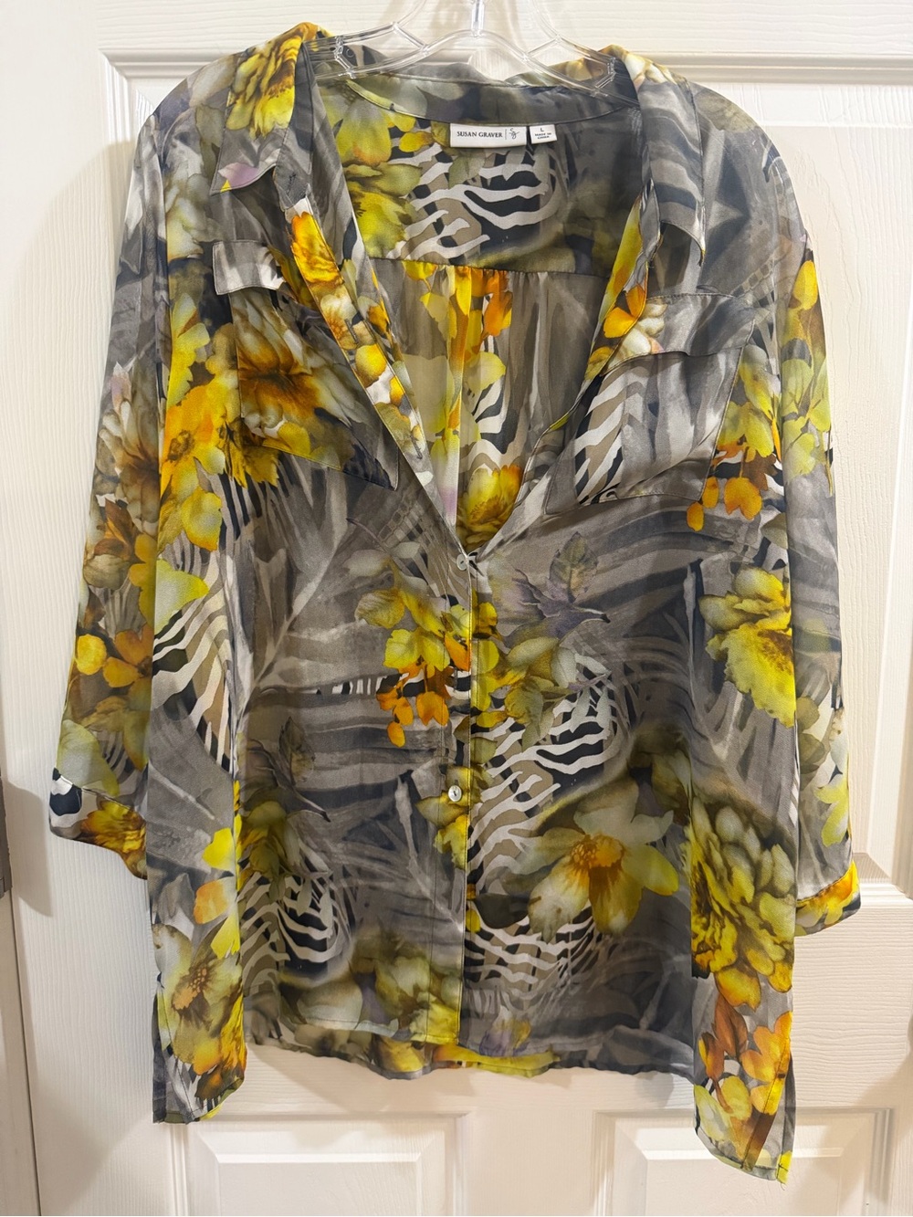 Susan Graver Floral & Zebra Print Sheer Button-Down Shirt Size L